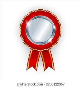 Silver shiny 3d award with red ribbon. 2 places icon on a white background. Champion Trophy. Vector illustration.