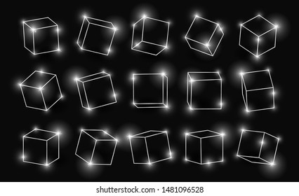 Silver shiny 3D cubes pack isolated on black background. Multiple cubes. Different light, perspective and angle. Glowing white metal 3d frames set. Vector illustration