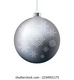 Silver shiny Christmas ball with snowflakes icon vector. Beautiful traditional silver christmas bauble vector isolated on a white background. Hanging bright christmas ball graphic design element