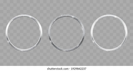 Silver shiny circle, ring, frame with dust vector illustration set on transparent background