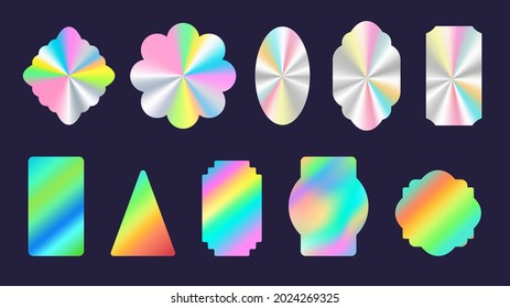 Silver shiny foil holographic stickers geometric shapes. Official product rainbow hologram label and seal. Quality certification vector set. Illustration of shiny foil, holographic gradient mark