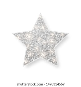 Silver Shiny Glitter Glowing Star With Shadow Isolated On White Background. Vector Illustration.