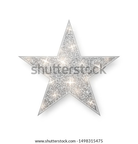 Silver shiny glitter glowing star with shadow isolated on white background. Vector illustration.