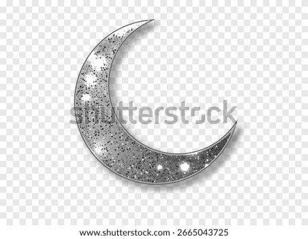 Silver shiny glitter half moon isolated. Crescent Islamic for Ramadan Kareem design element. Traditional islamic decoration