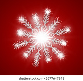 Silver shiny glitter snowflake isolated on red festive background. Christmas and New year concept. Vector illustration