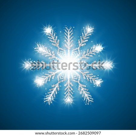 Silver shiny glitter snowflake isolated on blue sky festive background. Christmas and New year concept. Vector illustration