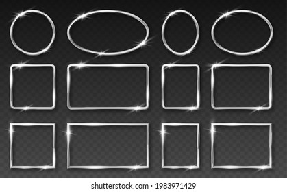 Silver shiny glowing frames set isolated on black background. Set of luxury realistic square, round, oval borders with light effects. 3d vector illustration