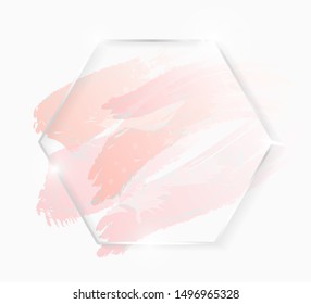 Silver shiny glowing hexagon frame with rose pastel brush strokes isolated on white. Christmas card design. Golden luxury line border for invitation, sale, fashion, wedding, photo etc. Vector