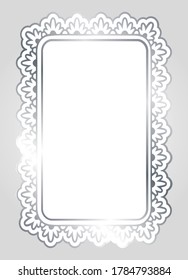 Silver shiny glowing ornate rectangle frame isolated over light gray background. Metal luxury elegant blank border. Vector illustration template.