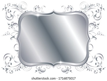 Silver shiny glowing ornate victorian frame isolated over white. Metal luxury elegant blank border. Vector background illustration template.