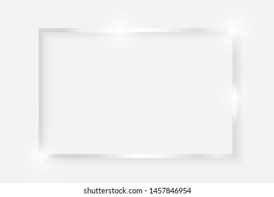 Silver shiny glowing vintage rectangle frame with shadows isolated on white background. Platinum luxury realistic rectangle border. Vector illustration
