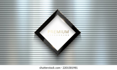 Silver Shiny Metal Horizontal Straight Line Background With Vector Rhombus Glossy Luxury Black And Golden Edge Line Logo Frame. Stainless Steel Texture, Silver Textured Pattern Background