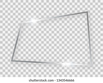 Silver shiny rectangular frame with glowing effects and shadows on transparent background. Vector illustration