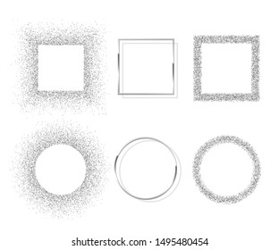 Silver shiny round and square frames with shadows isolated on white background. Vector chrome luxury realistic border set