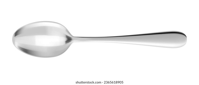 Silver shiny spoon isolated on white background. Kitchenware Mockup. Realistic 3d vector illustration. Stainless steel metal cutlery. Kitchen utensils for eating, tableware for restaurant serving