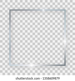 Silver shiny square frame with glowing effects and shadows on transparent background. Vector illustration