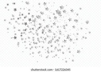 Silver shiny stars falling from the sky on a white background. Abstract story. Glitter template for banner. Vector illustration