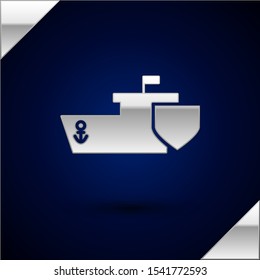 Silver Ship with shield icon isolated on dark blue background. Insurance concept. Security, safety, protection, protect concept.  Vector Illustration