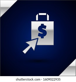 Silver Shoping bag and dollar icon isolated on dark blue background. Handbag sign. Woman bag icon. Female handbag sign.  Vector Illustration