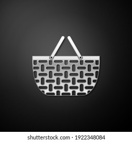 Silver Shopping basket icon isolated on black background. Online buying concept. Delivery service sign. Shopping cart symbol. Long shadow style. Vector.