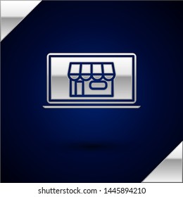 Silver Shopping building on screen laptop icon isolated on dark blue background. Concept e-commerce, e-business, online business marketing.  Vector Illustration