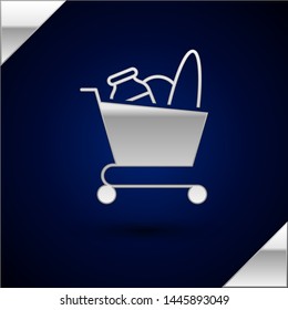 Silver Shopping cart and food icon isolated on dark blue background. Food store, supermarket.  Vector Illustration