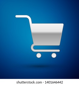 Silver Shopping cart icon isolated on blue background. Online buying concept. Delivery service sign. Supermarket basket symbol. Vector Illustration