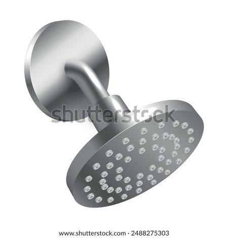 A silver showerhead with a round spray face and a wall mount. The showerhead has a smooth, sleek design and features a circular pattern of small, evenly spaced holes.