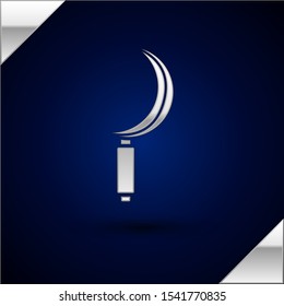 Silver Sickle icon isolated on dark blue background. Reaping hook sign.  Vector Illustration