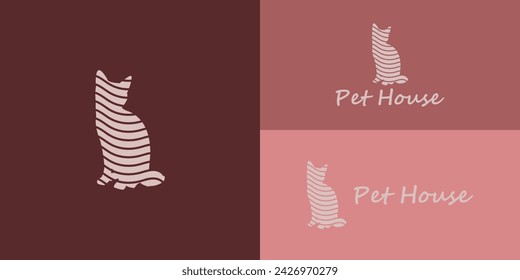 Silver silhouette cat line logo presented with multiple red background colors. The logo is suitable for a pet shop logo design inspiration template. Pet logo design template. Vector cat sign.