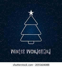 Silver silhouette of a Christmas tree with snow and star on a dark blue background. Merry Christmas and Happy New Year 2022. Vector illustration. Winter Wonderland.
