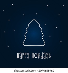 Silver silhouette of a Christmas tree with snow on a dark blue background. Merry Christmas and Happy New Year 2022. Vector illustration. Happy Holiday.