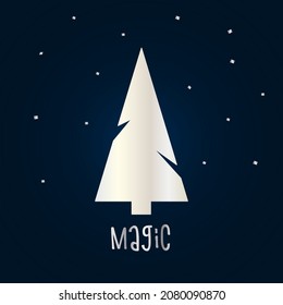 Silver silhouette of a Christmas tree with snow on a dark blue background. Merry Christmas and Happy New Year 2022. Vector illustration. Magic.