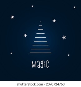 Silver silhouette of a Christmas tree with stars on a dark blue background. Merry Christmas and Happy New Year 2022. Vector illustration. Magic.