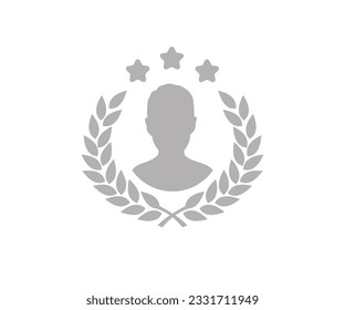 Silver silhouette circular laurel foliate with a male avatar, wheat and oak wreaths depicting an award, achievement, heraldry logo design. Silver laurel emblem vector design and illustration.