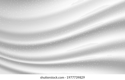 Silver silk fabric background. Abstract background with silk cloth texture, shiny satin fabric with waves and drapery. Vector realistic wallpaper with luxury flowing silvery textile. Vector EPS10.