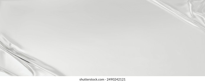 Silver silk satin luxury background. Silver elegant background with space for design. Draped fabric Flat lay, Template, cover, header, Wide banner. panoramic view. 3D vector illustration.