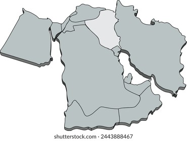 Silver simple blank political map of IRAQ with thick black national country borders on transparent background using orthographic projection of the dark gray Middle East