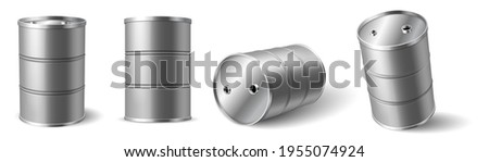 Silver simple glossy metal oil, fuel, gasoline barrel icon set isolated on white background. Template design of petroleum packaging for mockup. 3d view, vector illustration