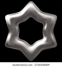 Design de vetor 3D realista de moldura de estrela de seis pontas prateada. Emoji da galáxia do espaço cromado. Elemento cintilante de mercúrio. Decoração Y2K festiva. Forma metálica de brilho abstrato. Avaliando conquista do jogo
