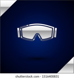 Silver Ski goggles icon isolated on dark blue background. Extreme sport. Sport equipment.  Vector Illustration