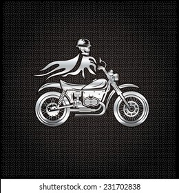 silver skull in helmet on bike with flames concept vector design template 