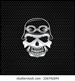 silver skull in helmet on metal background, biker theme