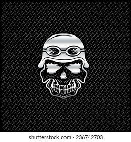 silver skull in helmet on metal background, biker theme