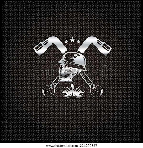 silver skull in helmet with wrenches concept vector\
design template 