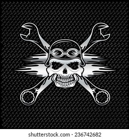 silver skull in helmet and wrenches with flames