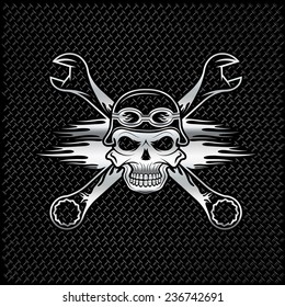 silver skull in helmet and wrenches with flames