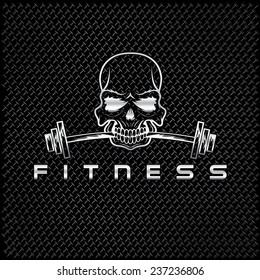 silver skull holding barbell in the teeth
