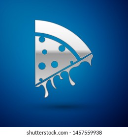 Silver Slice of pizza icon isolated on blue background. Vector Illustration