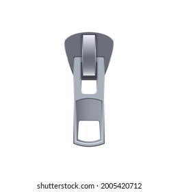 Silver slider of metal zipper fastener on white background realistic vector illustration